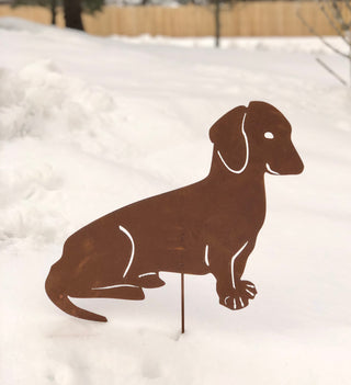 Estaca de jardín con forma de perro salchicha o arte mural con forma de perro